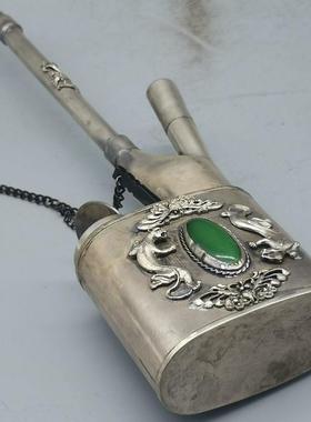 TDR玩铜器烟收古藏白铜仿古袋袋水烟镶嵌绿宝石摆件