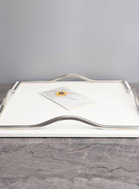 美托111式创意方形厅室白色盘果盘摆件样板房卧书房客玄关软装饰