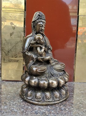 仿古铜观世音菩萨送子观音莲花坐像中式摆件铜童子观音高30公分