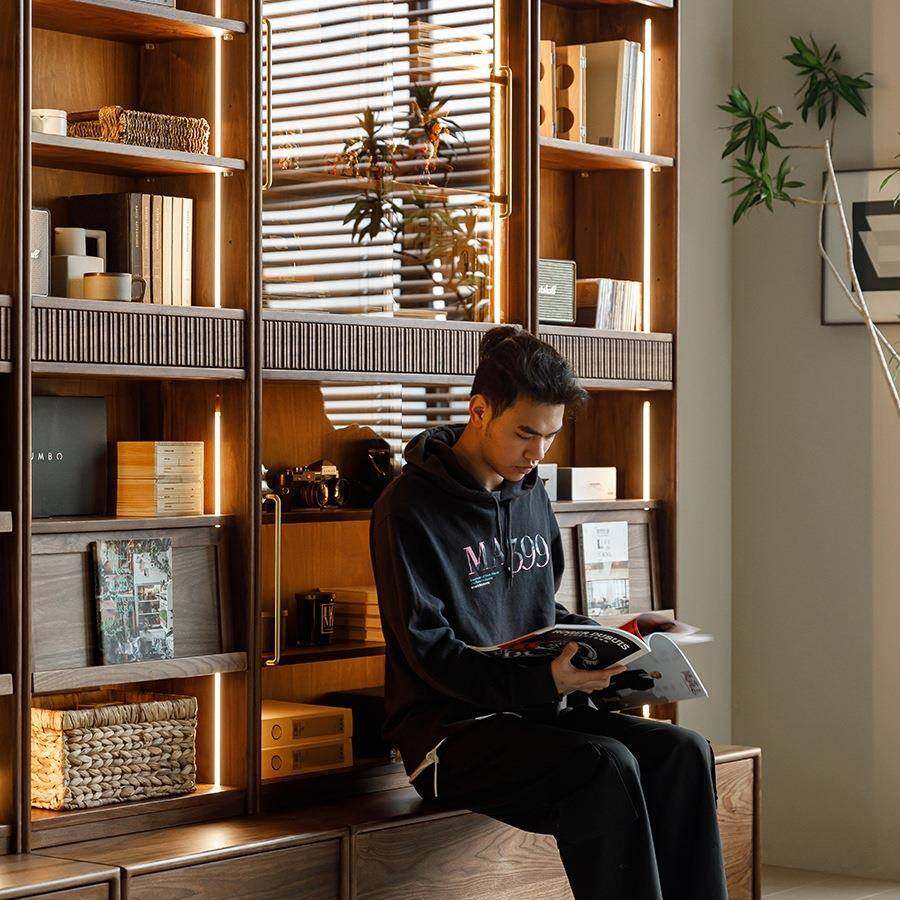 北去美黑胡墙桃木组合书柜实木书架落地卡座储物厅化一体AOV客整,淘宝优惠券,粉丝福利购,淘宝优惠卷