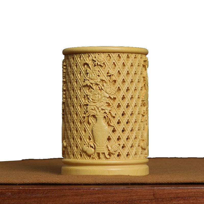 乐清黄杨木雕四季花梅兰竹菊镂空笔筒实木摆件装饰品创意桌面收纳 - 图1