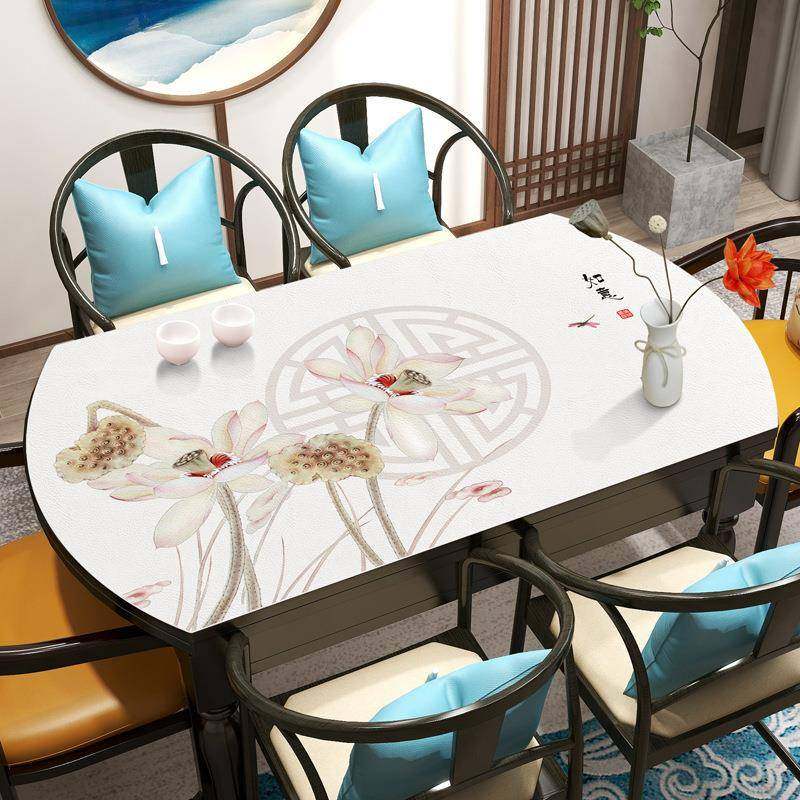 新中式荷花系列皮革桌布弧形桌垫布防水防油异形桌布隔热防烫桌布,淘宝优惠券,粉丝福利购,淘宝优惠卷