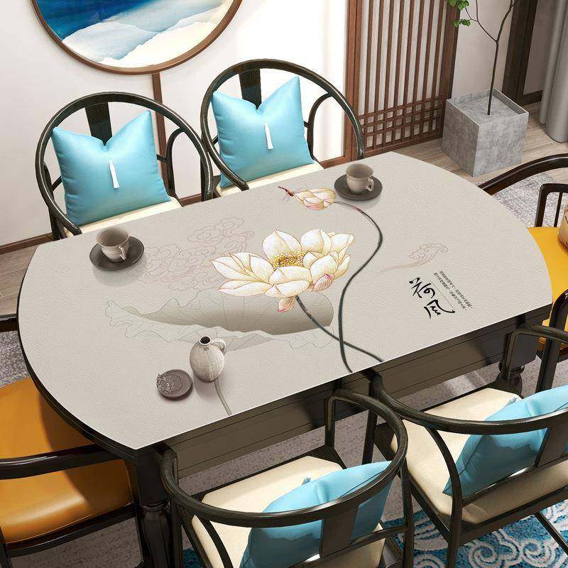 新中式荷花系列皮革桌布弧形桌垫布防水防油异形桌布隔热防烫桌布,淘宝优惠券,粉丝福利购,淘宝优惠卷