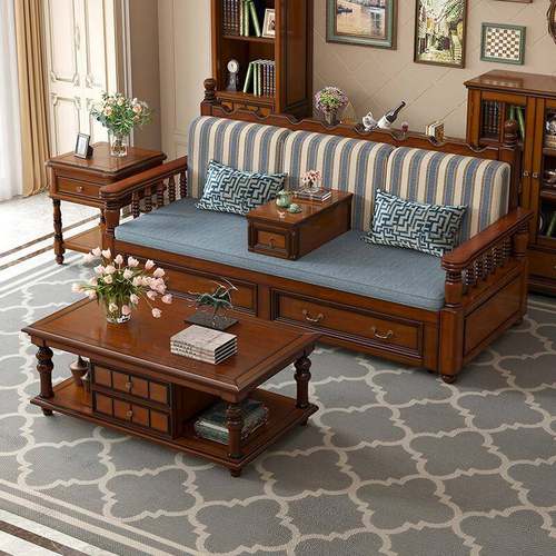 美式复古乡村实木沙发床可推拉折叠双人罗汉床小户型伸缩坐卧两用 - 图0