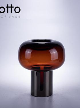 轻奢艺术装意玻创璃瓶铁框圆筒底座花插花瓶餐桌软饰品摆OHV3704-