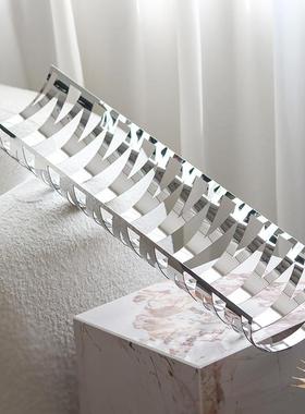 现收纳托盘艺术黄网格镂长空卷边条水果盘轻奢创意摆件客EFY厅饰