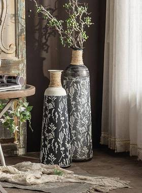 法件铁艺印花复古落地花瓶客厅酒店玄式关装饰摆民宿插画A2467圆