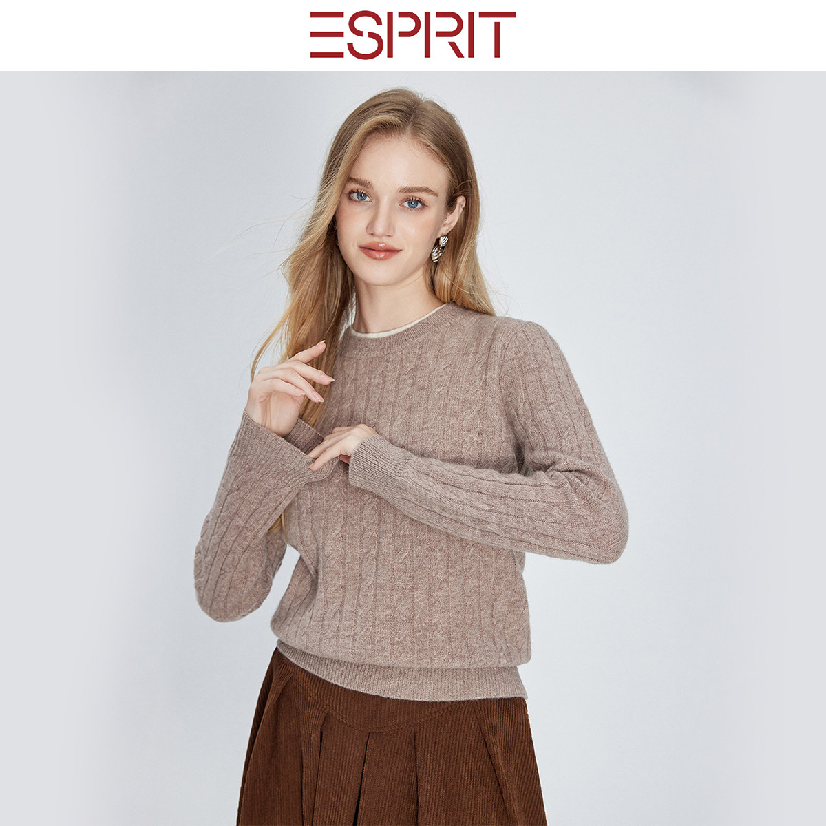 ESPRIT/埃斯普利特极简风圆领麻花绵羊毛衫女长袖针织毛衣打底衫,淘宝优惠券,粉丝福利购,淘宝优惠卷