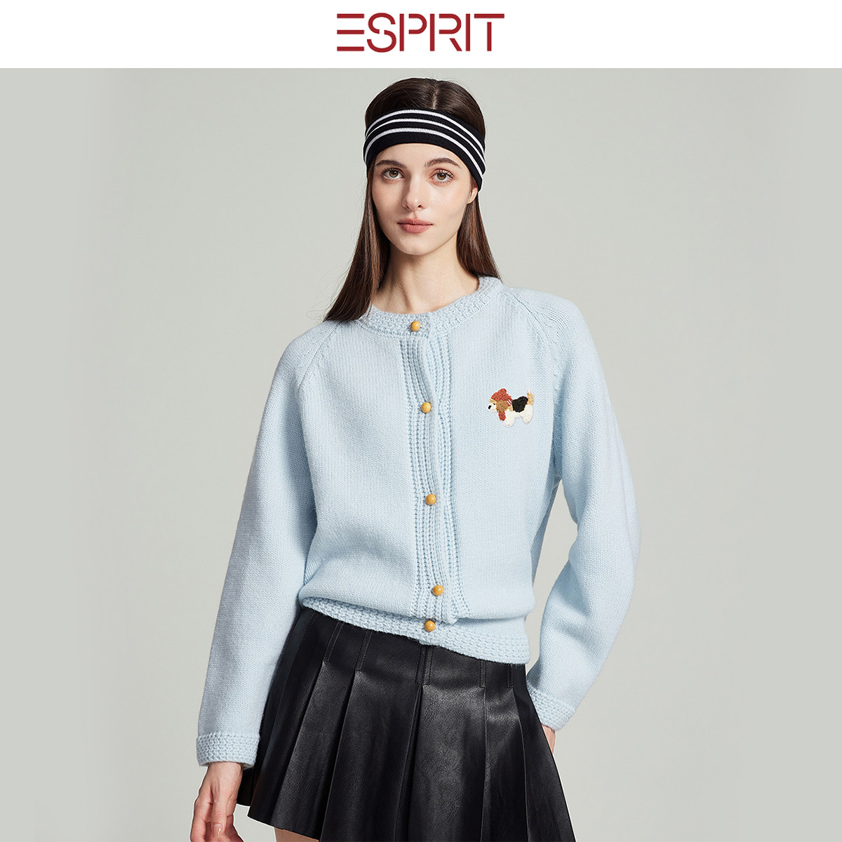 ESPRIT/埃斯普利特老钱风卡通刺绣开衫女浅蓝圆领针织衫百搭套衫,淘宝优惠券,粉丝福利购,淘宝优惠卷
