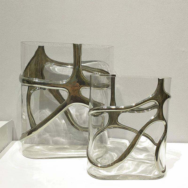 现代简约轻奢金色银色玻璃扁形流线花器花瓶样板房客厅软装饰品,淘宝优惠券,粉丝福利购,淘宝优惠卷