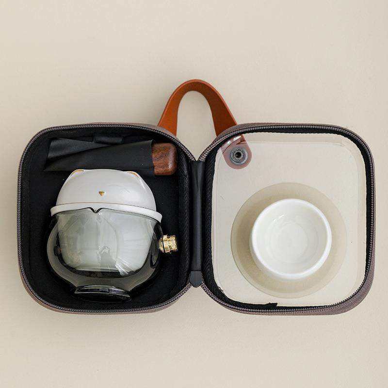 萌猫玻璃侧把旅行茶具一壶二杯泡茶套装便携式户外喝茶快客杯套装,淘宝优惠券,粉丝福利购,淘宝优惠卷