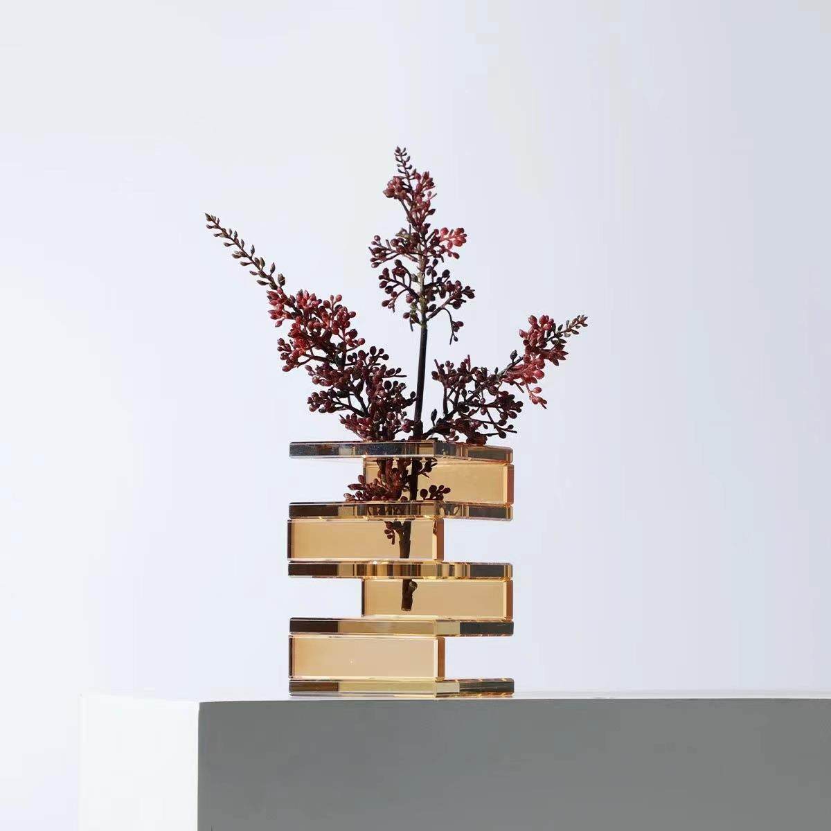 现代简约方形烟灰茶色几何水晶花瓶居家客厅桌面插花器软装装饰品,淘宝优惠券,粉丝福利购,淘宝优惠卷