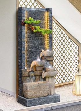 中式高山流水幕墙喷泉屏风客厅办公室假山循环水生财装饰落地摆件