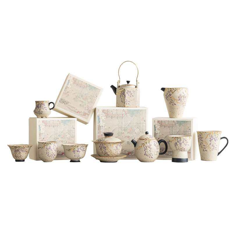 青花火石红盖碗茶壶茶海公道杯马克杯茶杯高档描金手绘紫藤花单品,淘宝优惠券,粉丝福利购,淘宝优惠卷