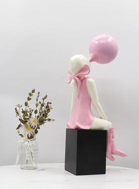 北现代轻奢房吹泡泡女孩摆件粉红女孩网欧红儿摆童雕塑艺术品玄关