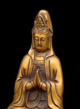 达黄铜合手莲花底铜观音佛像铜铜观音莲花观音摆宏座件
