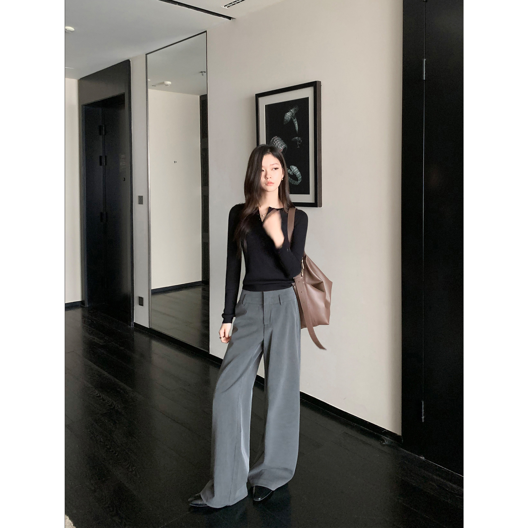 1XTWO 飒美老钱 高级感阔腿休闲西装裤女黑色宽松通勤直筒长裤子,淘宝优惠券,粉丝福利购,淘宝优惠卷