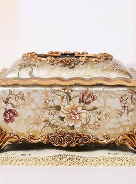 欧式轻奢创意彩952绘桌工纸巾盒树脂抽纸盒家居客件厅面装艺饰摆