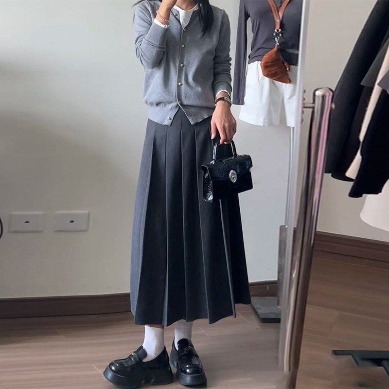 灰色百褶裙中长款女秋冬2024新款高腰显瘦a字小个子毛呢半身裙长,淘宝优惠券,粉丝福利购,淘宝优惠卷