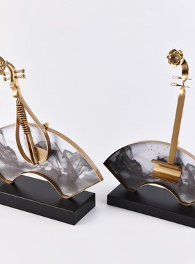 新中式金属二胡水墨琵琶摆件客厅玄关柜软装饰品售楼处工艺品摆设