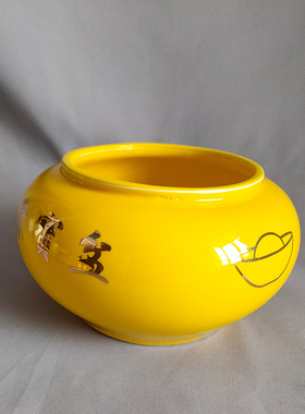 黄色聚宝盆陶瓷罐子无盖带盖都有,招财进宝铜钱元宝图可绑绳摆件