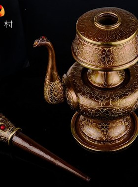 藏村 贲巴壶灌顶供具摆件供具尼泊尔手工紫铜雕花净水瓶供水壶