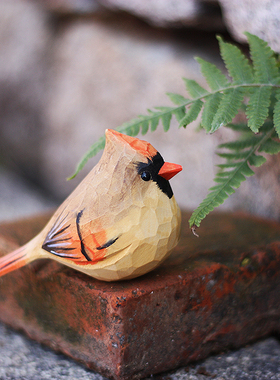 鹿妖商店 肥啾鸟木雕 北美主红雀 情侣小胖鸟 红鸟纯手工实木摆件