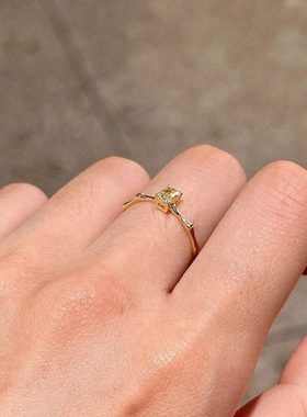 黄钻小方糖戒指女简约轻奢闪钻锆石竹节指环开口可调节方钻食指戒