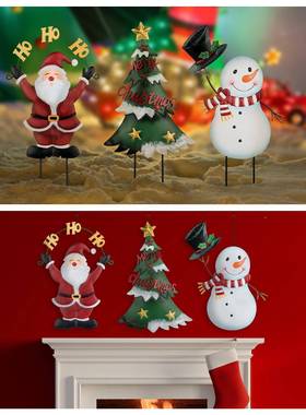跨境铁艺铁氛摆皮件花园装饰摆花插165522雪人圣诞老人花插围件