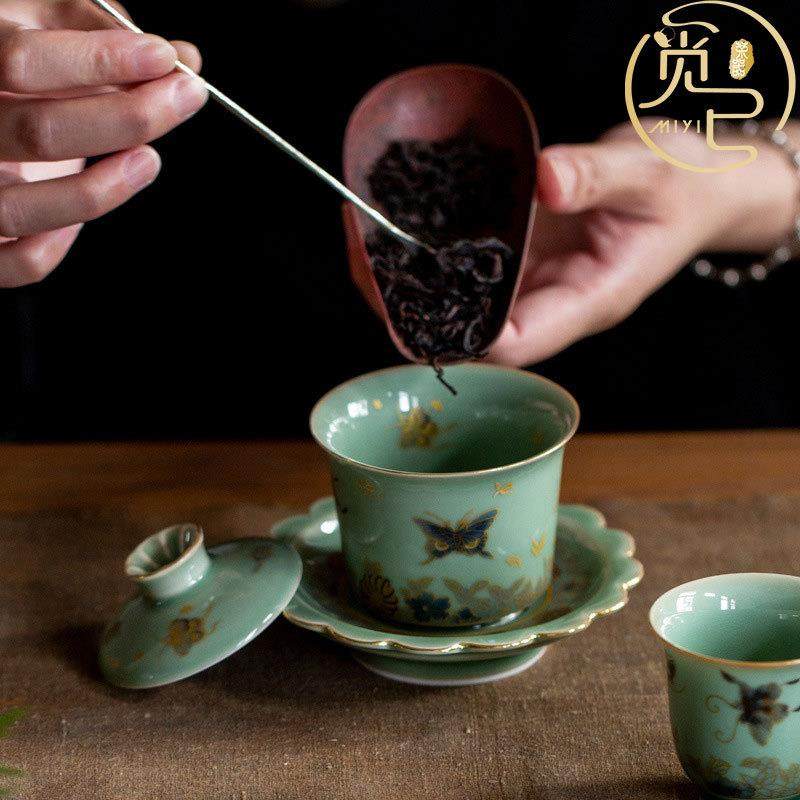 越窑青瓷金绘蝶恋花三才盖碗单个复古高档茶杯家用不烫手泡茶碗,淘宝优惠券,粉丝福利购,淘宝优惠卷