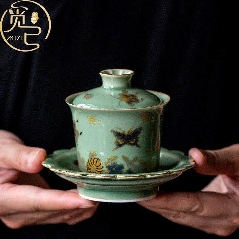越窑青瓷金绘蝶恋花三才盖碗单个复古高档茶杯家用不烫手泡茶碗,淘宝优惠券,粉丝福利购,淘宝优惠卷