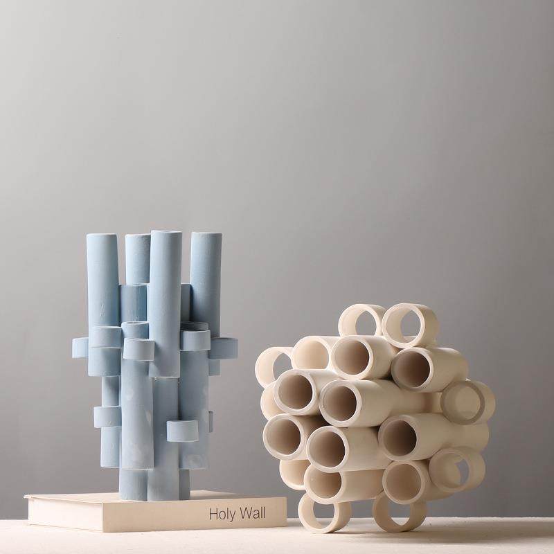 现代简约创意拼接圆管陶瓷摆件样板房售楼部别墅轻奢插花装饰花瓶,淘宝优惠券,粉丝福利购,淘宝优惠卷