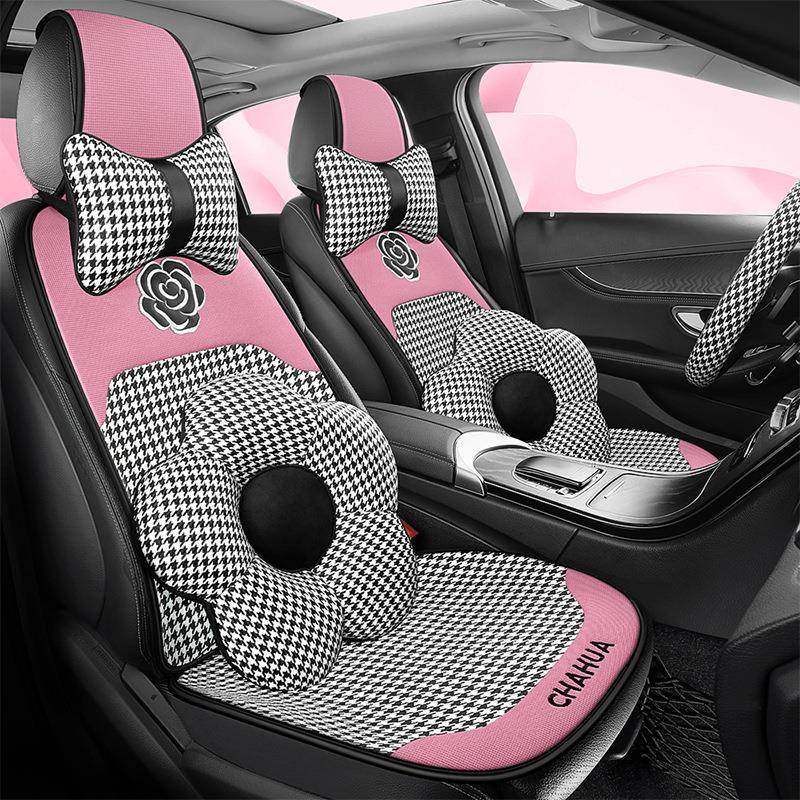 千鸟格花朵汽车座垫四季通用五座无包围小蛮腰卡通座椅垫防滑垫,淘宝优惠券,粉丝福利购,淘宝优惠卷