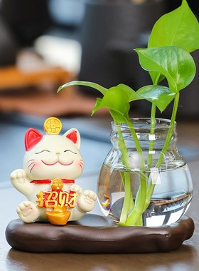 可爱招财猫水培玻璃瓶摆件饰品办公桌绿萝花瓶卡通幸运猫喜庆礼品
