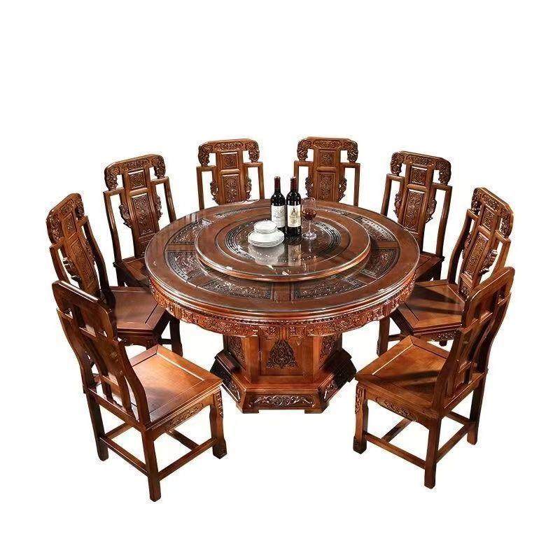 中式实木餐桌椅餐桌组合转盘橡木仿古雕花餐桌椅中式圆桌家用古典,淘宝优惠券,粉丝福利购,淘宝优惠卷