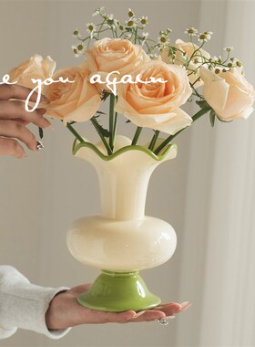 中古风高脚陶瓷花瓶摆件客厅插花轻奢高级感水培鲜花餐桌装饰绿色