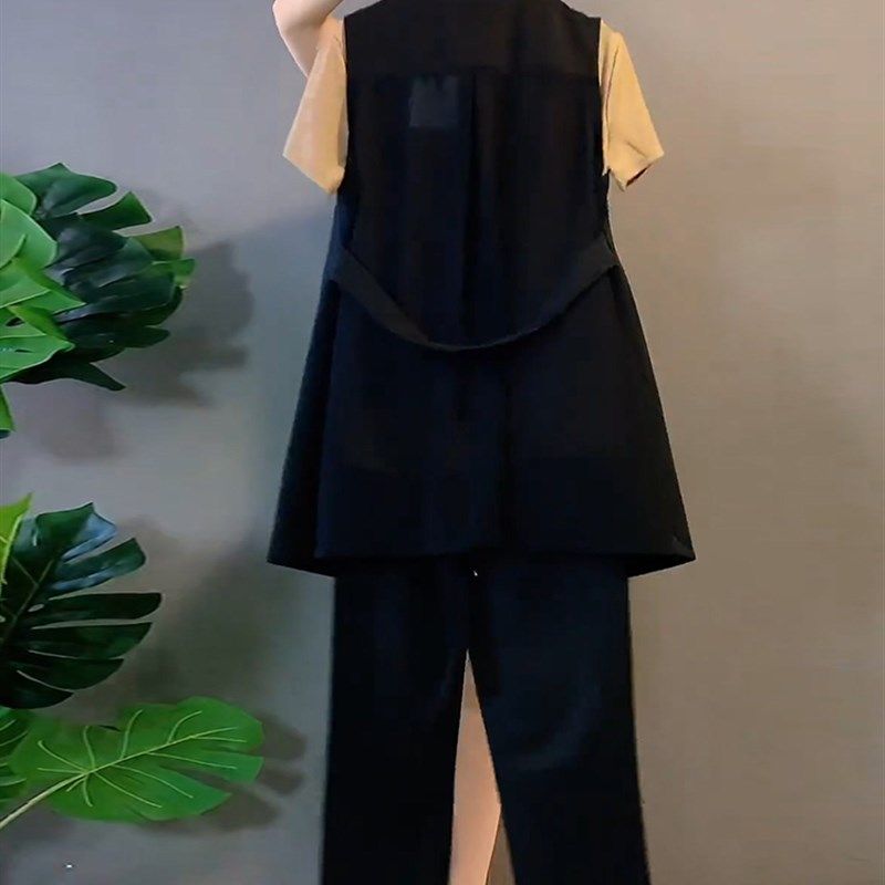 胖mm春夏款中长款马夹直筒休闲裤子短袖t恤打底衫三件套大码女装,淘宝优惠券,粉丝福利购,淘宝优惠卷