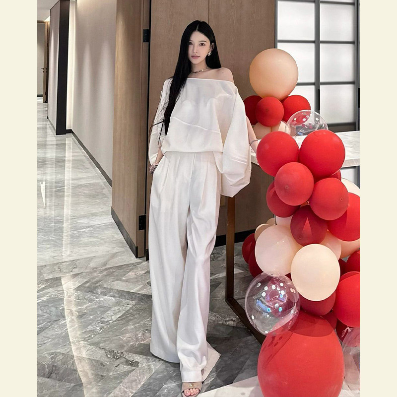 时尚套装女2024春秋气质女神范轻熟风高级感露肩上衣阔腿裤两件套,淘宝优惠券,粉丝福利购,淘宝优惠卷
