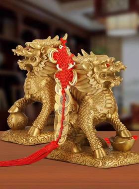 铜麒摆件一装办对送子黄麟铜八卦麒麟家用公室123饰客厅摆设铜制
