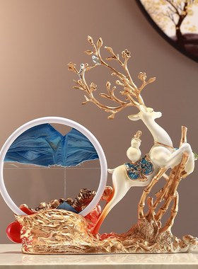 创意招财鹿流沙画摆件沙漏新中式客厅禅意玄关办公室茶室软装饰品