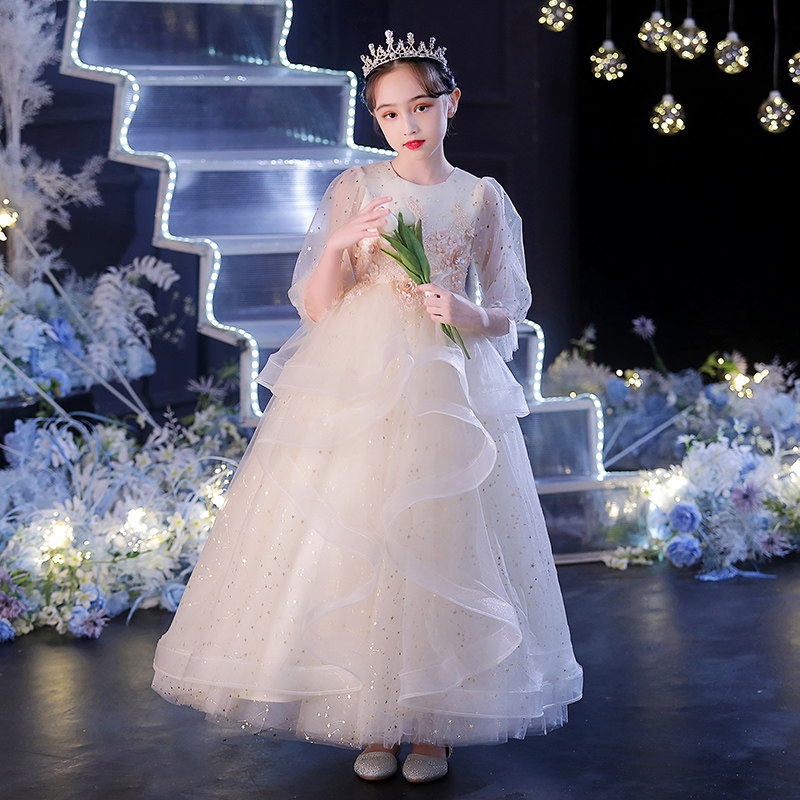儿童礼服公主裙女童生日香槟色花童婚纱主持人钢琴演出服长袖秋冬,淘宝优惠券,粉丝福利购,淘宝优惠卷