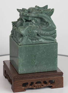 手工雕刻玉石定制绿色印章玉玺摆件客厅玄关装饰办公商务纪念礼品