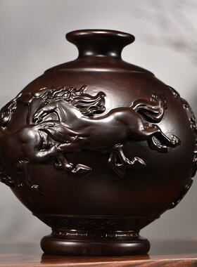 黑檀木雕刻八骏雄风花瓶摆件客厅插花装饰家居实木质中式开业礼品