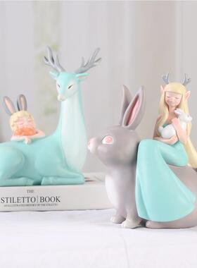 如果创意厅小装饰卡通树脂工客艺品玄关桌RED2N0面书柜品鹿摆件