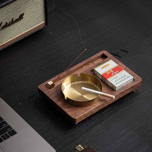 工厂胡桃木多功能烟灰缸家用客厅创意摆件个性潮流香插茶台小配件 - 图0
