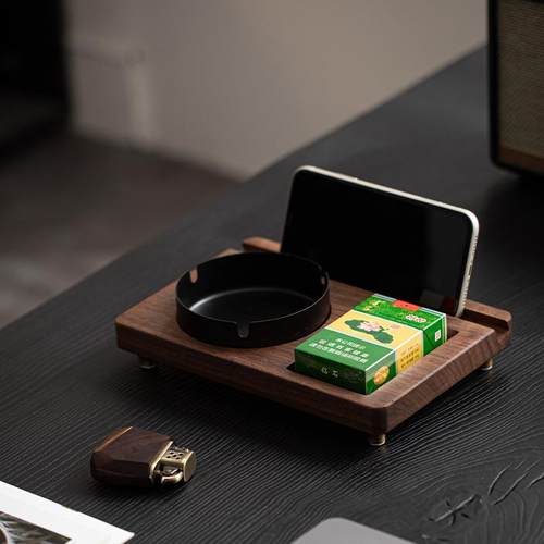 工厂胡桃木多功能烟灰缸家用客厅创意摆件个性潮流香插茶台小配件 - 图2