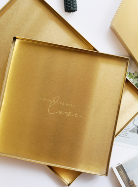 米诺 北欧轻奢几何造型收纳盘 金色刻字拉丝不锈钢托盘玄关置物盘