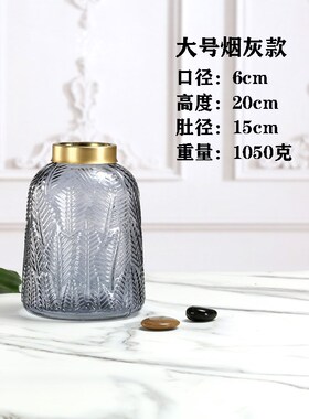北欧风创意简约插花干花水养家居摆件 客厅 简约铜圈灰色玻璃花瓶