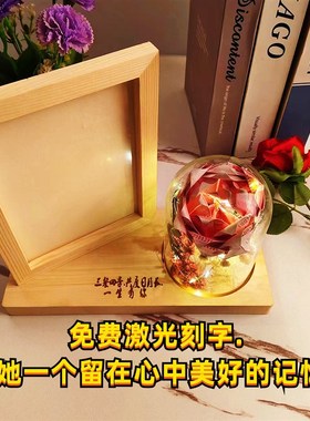 干花相框玻璃罩展示盒放永生玫瑰花透明容器带灯圆形发光防尘摆件