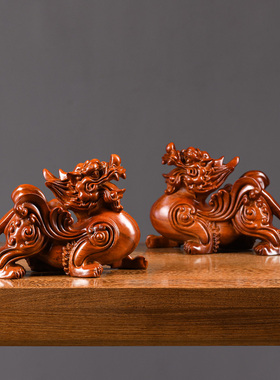 花梨木雕貔貅摆件一对花梨实木客厅家居办公室装饰开业送礼工艺品